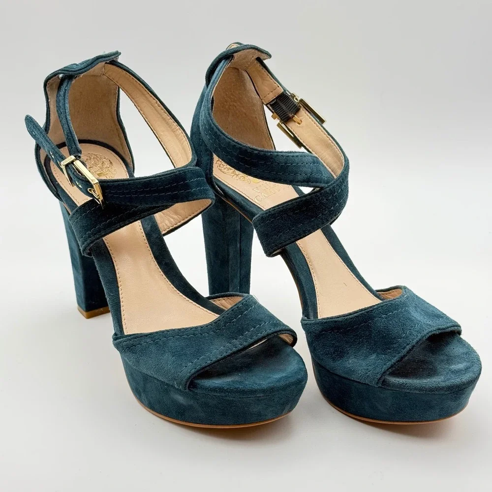 Vince Camuto Shayla Teal Blue Suede Platform Block Heel Sandals Womens 7.5 M